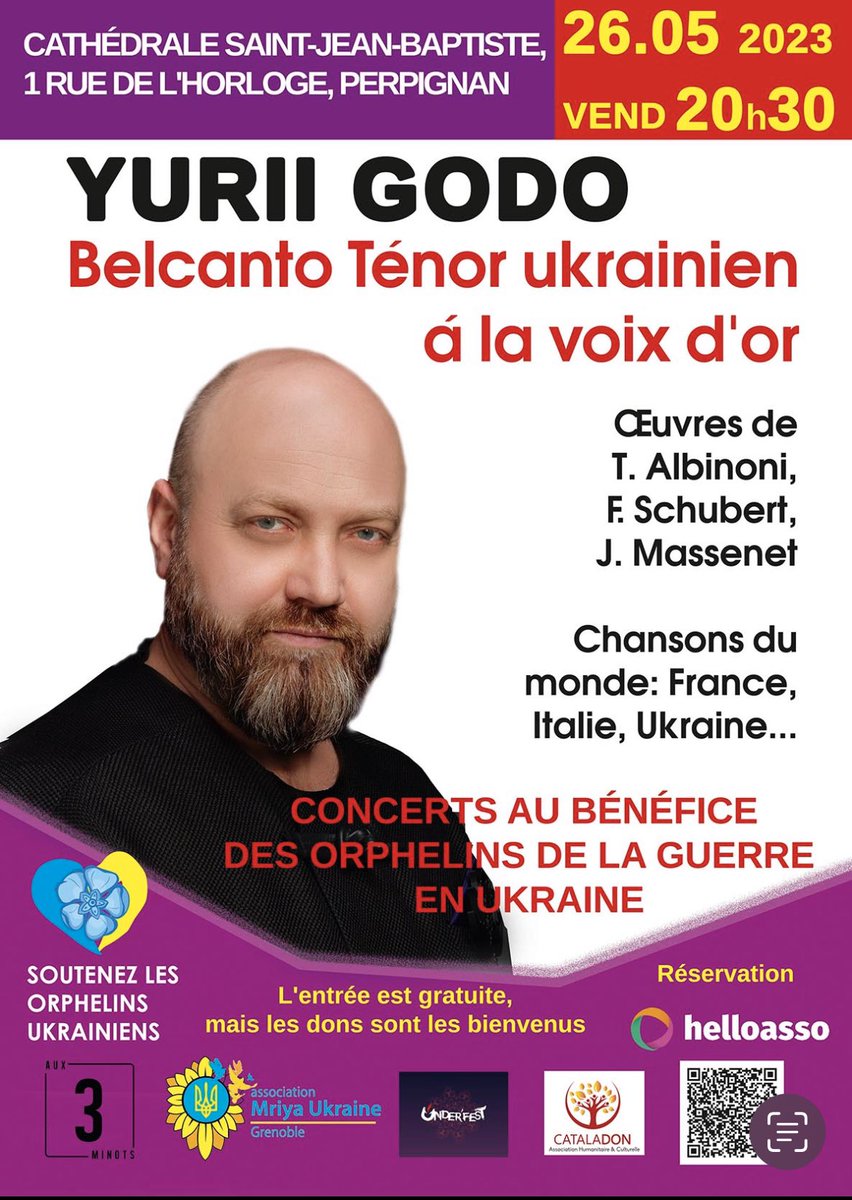 MairiePerpignan's tweet photo. 🎙️ Concert exceptionnel : venue du ténor Ukrainien Yurii Godo le 26/05 à Perpignan à 20H30 à la cathédrale St Jean.
🙏 L’entrée est gratuite mais les dons sont bienvenus. Ces derniers serviront à financer les communautés de Lviv et d'Ivano-Frankivsk, qui comptent 357 orphelins. https://t.co/E4eVPJUY9r