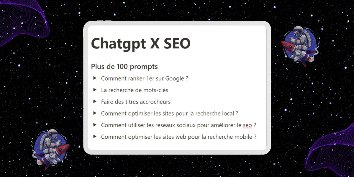 Le SEO est difficile.

Mais avec Chatgpt c'est plus simple. 

C'est pourquoi je vous donne + 100 prompts pour ranker parmi les premiers résultats google. 

Pour l'avoir, 

RT et commente : "prompt" pour le recevoir gratuitement. 

(Il faut que tu me suives pour te l'envoyer)