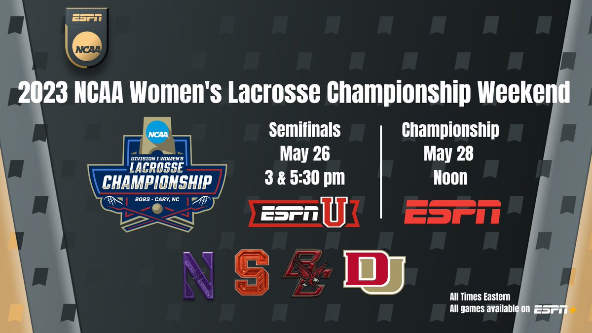 This weekend, ESPN platforms present the 2023 NCAA Women's Lacrosse Championship Weekend

🎙 @jaltersports, @StanwickBurch, @danaboyle_
Studio | @Drewdle25, @charlotten8rth, @rachael_dececco

More: bit.ly/3OAa7eU | #NCAAWLAX