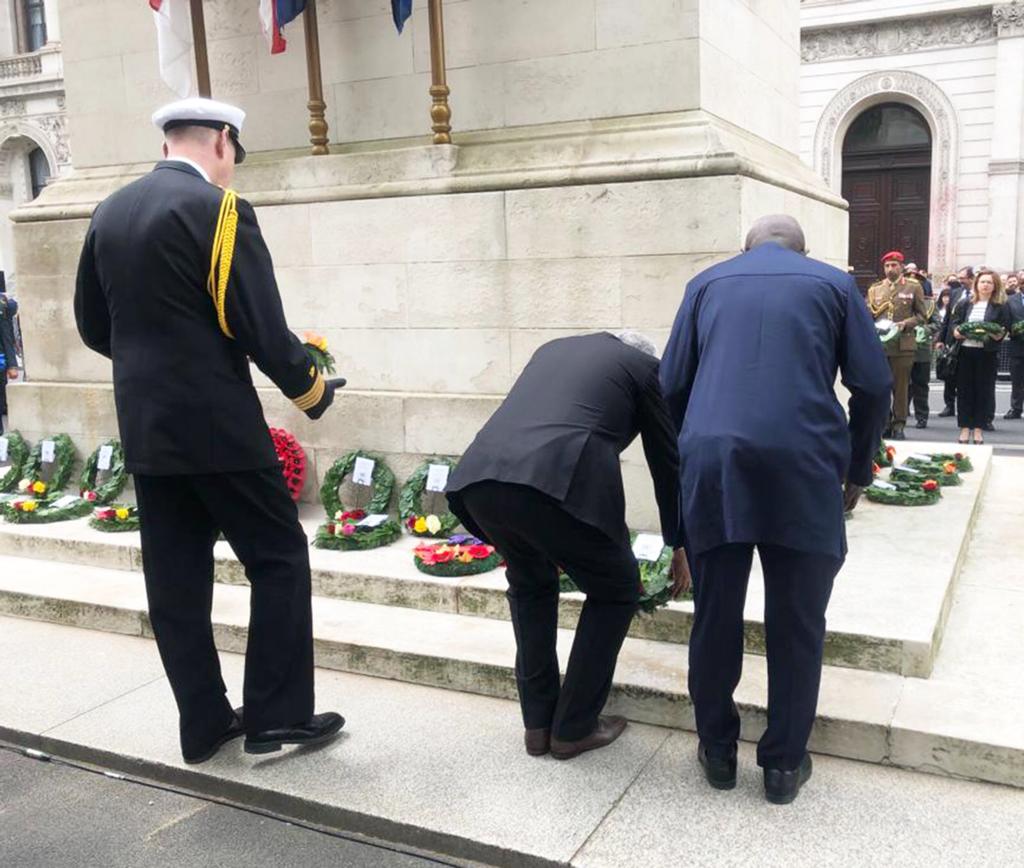 ETEmbassyLDN's tweet photo. Ambassador Woubshet Demissie, Head of the Political Section at the Ethiopian Embassy in London, lays a wreath in honour of United Nations Peacekeepers, from #Ethiopia and around the world, who have lost their lives in the name of peace. #PKDay #PKDay23 @UNAUK @mfaethiopia https://t.co/hH4DT60VxC