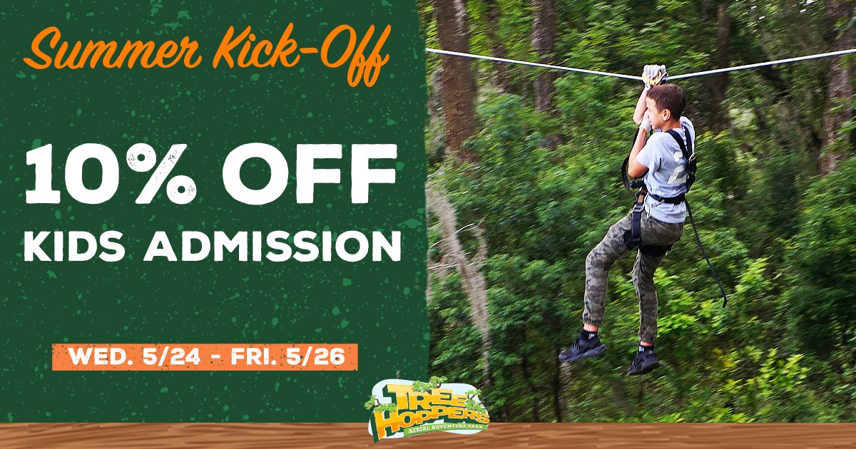 TreeHoppers's tweet photo. When you book an adventure for today until Friday(05/26) and use the promo code, we’ll give you 10% off your Kid’s ticket! Get the catchphrase code online at: https://t.co/zLt9j4YKDS
#TreeHoppers #Special #TampaFL #DadeCityFL #Orlando #Summer https://t.co/DbdVsbMO2q