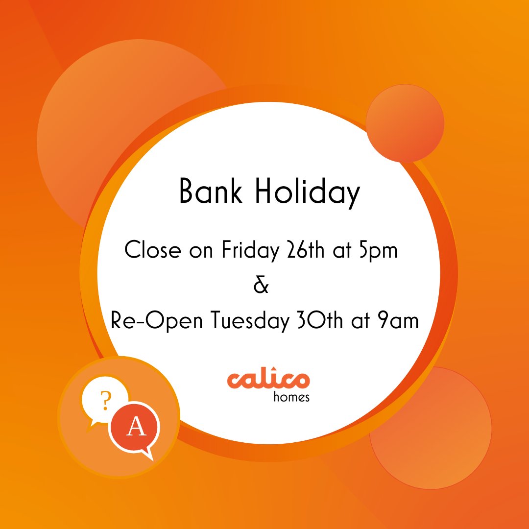 We're closed for the Bank holiday weekend from 5pm on Friday 26th and will reopen on Tuesday 30th at 9am  ❗

You can still report an emergency repair, one which is causing a health and safety risk to you or your home, by calling our emergency repairs team on 01282 686300 .