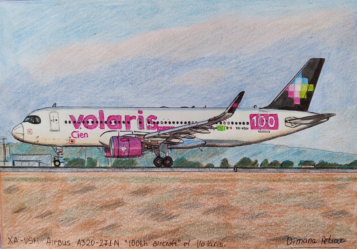 AircraftBy's tweet image. My drawing of the 100th delivered airplane in the fleet of @viajaVolaris @flyvolaris at @Aeropuerto_GDL - this is an @Airbus A320-271n registered as XA-VSH 🇲🇽✈️ 💚🖤💙💜
148x210mm
#volaris #viajavolaris #flyvolaris #volarisairlines #Guadalajara #guadalajaraairport #mexico