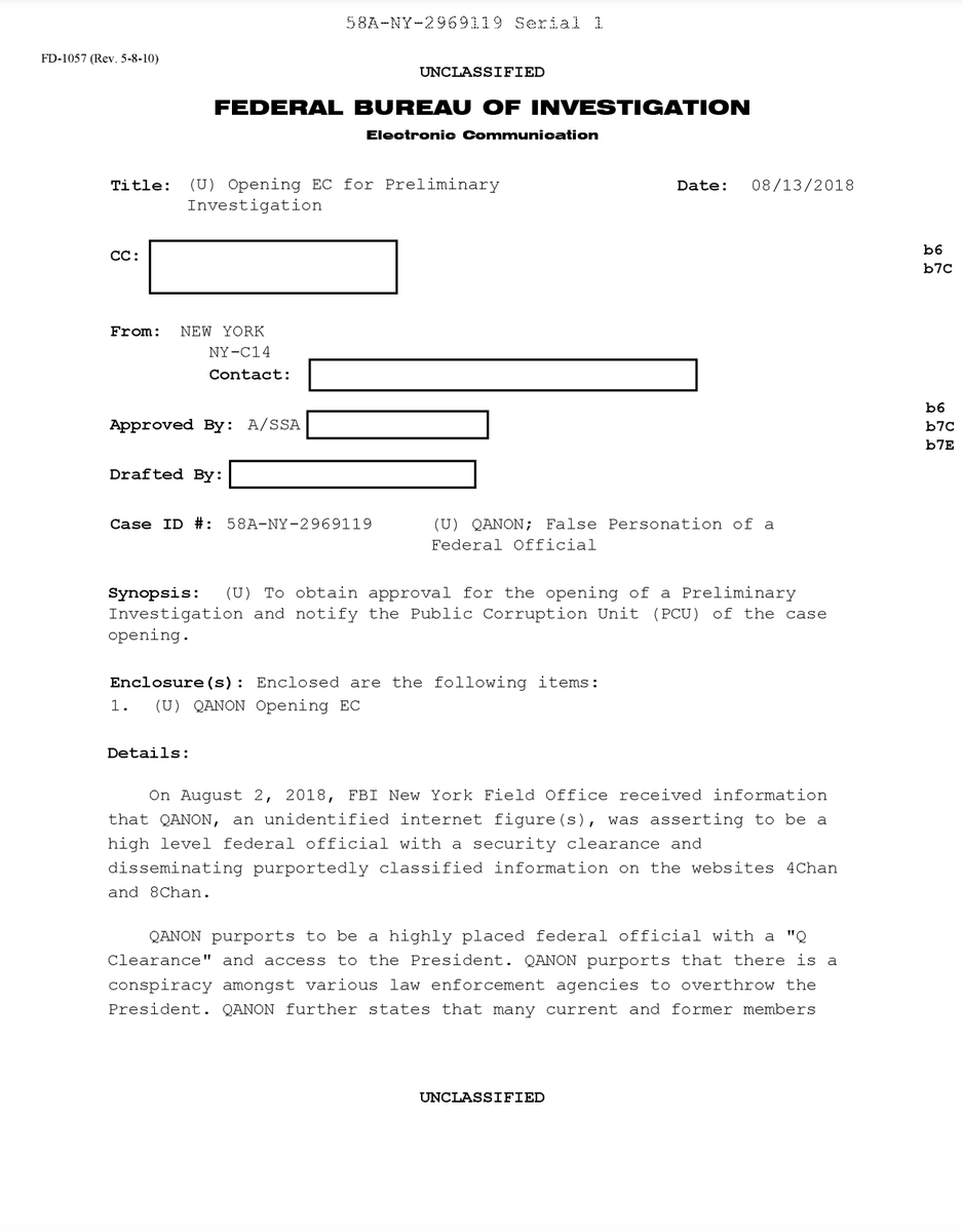 AlKapDC's tweet image. Documents newly released by the FBI suggest that the bureau opened an investigation in 2018 into the identity of Q regarding the possible federal crime of "false personation of a federal official," &amp;amp; that subpoenas were issued, but that the investigation closed in 2019.