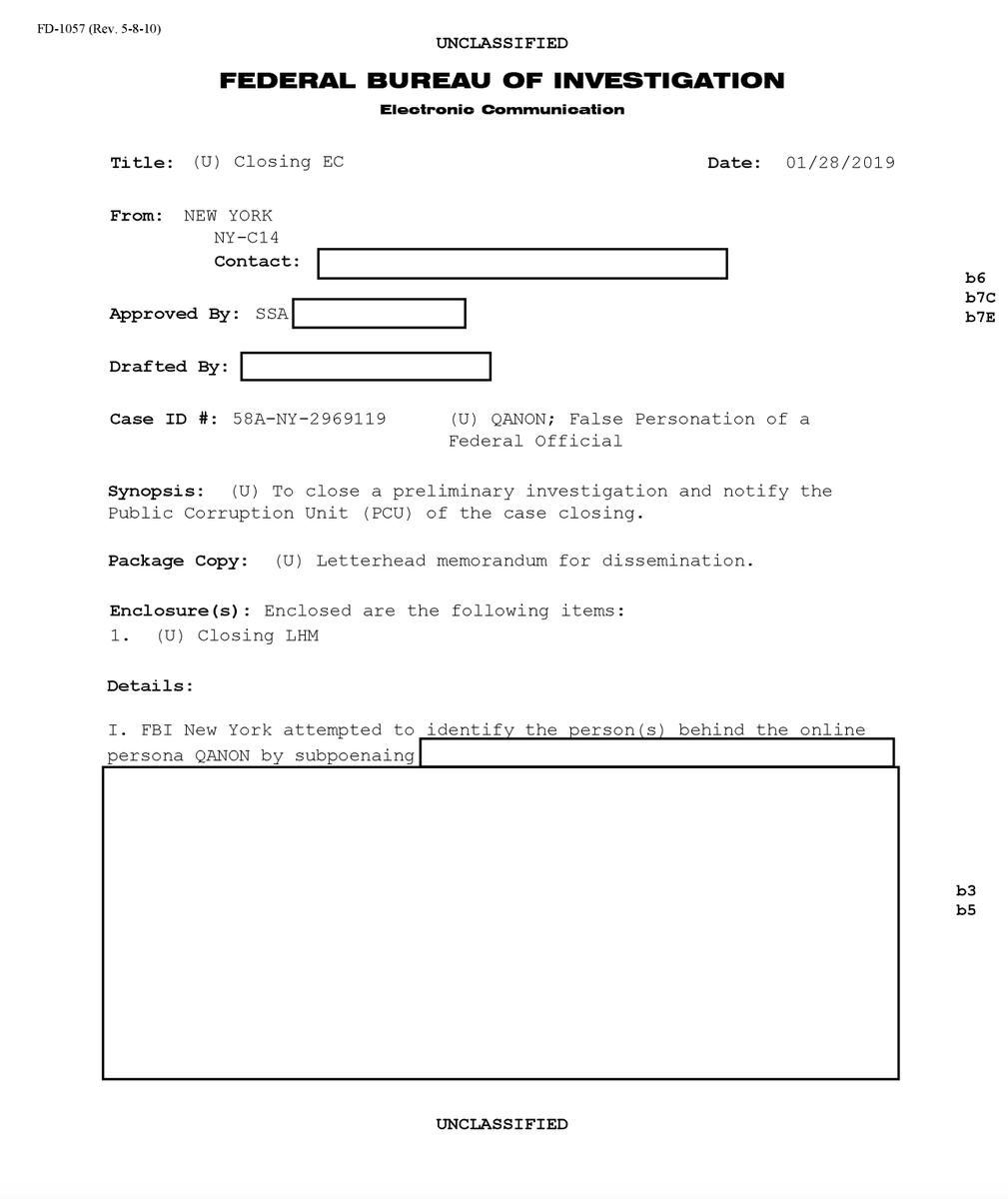 AlKapDC's tweet image. Documents newly released by the FBI suggest that the bureau opened an investigation in 2018 into the identity of Q regarding the possible federal crime of "false personation of a federal official," &amp;amp; that subpoenas were issued, but that the investigation closed in 2019.