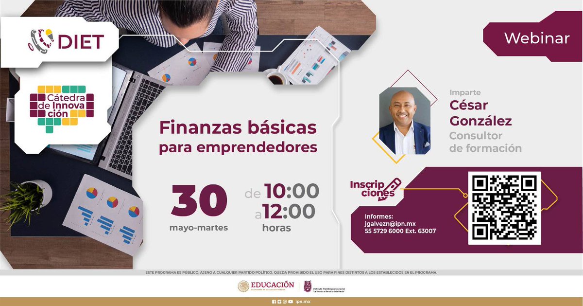 Aprender a llevar un adecuado control de las finanzas 📷 de tu emprendimiento puede ser la clave de su rentabilidad 📷. Te invitamos a conocer algunas   estrategias.
📷Regístrate ahora en: forms.office.com/r/rM1ng717Gp o escaneando 📷 el QR.
#Crea #Emprende #Innova #IPN #SISS