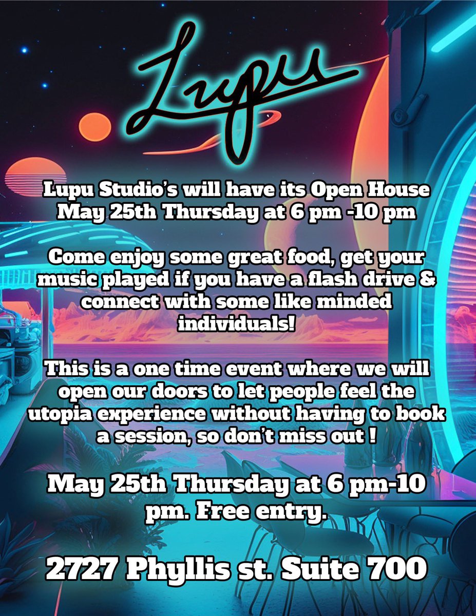 LupuStudios's tweet photo. Tonight is the Open house for our bend new recording studio powered by @LinkUpParadise 

We hope to see you all! We can’t wait for you to be immersed in our creative experience.

#LUPU 🕌⚛️ https://t.co/L58ObkYLRp