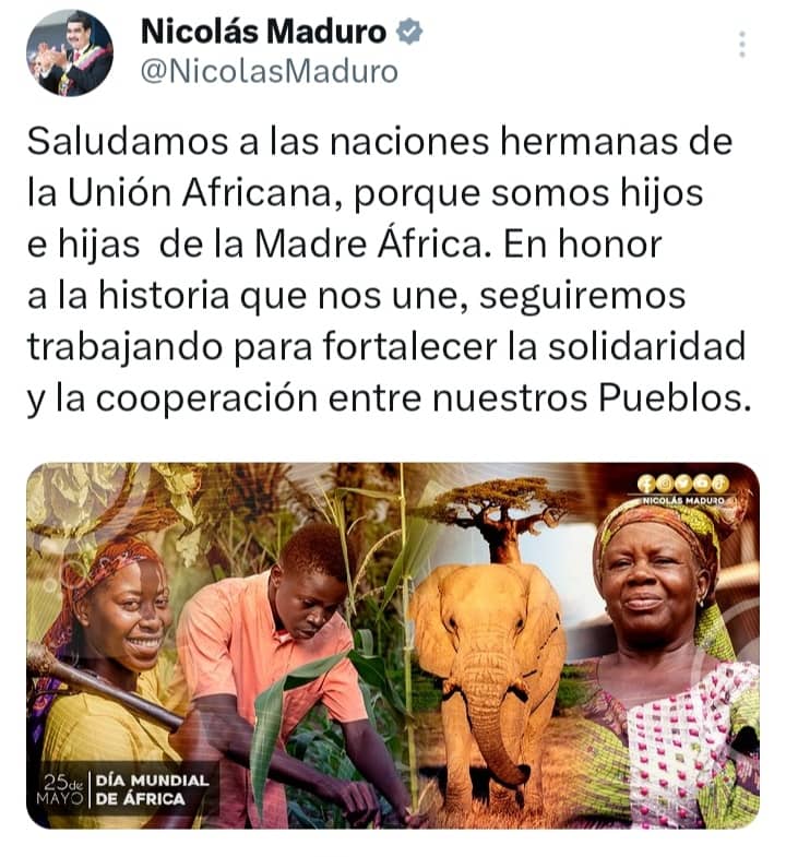 MaraimaWilliam's tweet photo. *_Nuestro segundo presidente Afrodescendiente Nicolás Maduro Moros enviar su palabra de amor por Nuestra Madre África_ .* https://t.co/d4F7lOj8dD