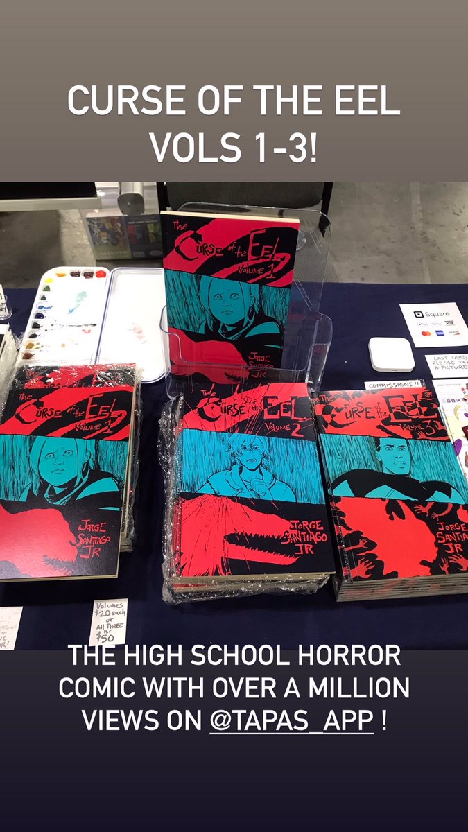 JorgeSantiagoJr's tweet photo. I’m all set up @MomoCon at AA-502 in the artist alley! Check out the books on my table!

#momocon #comics #curseoftheeel #art #ComicCon #indie #indiecomics #finalgamble https://t.co/t4b7BY22Zb