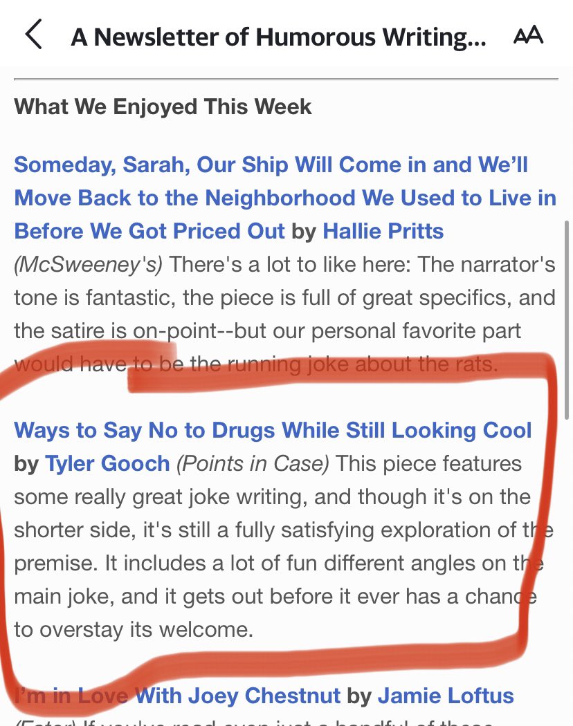 Thanks to @JamesFolta and @LukeVBurns for using the newsletter of humorous writing to spread my message keeping kids off of drugs.