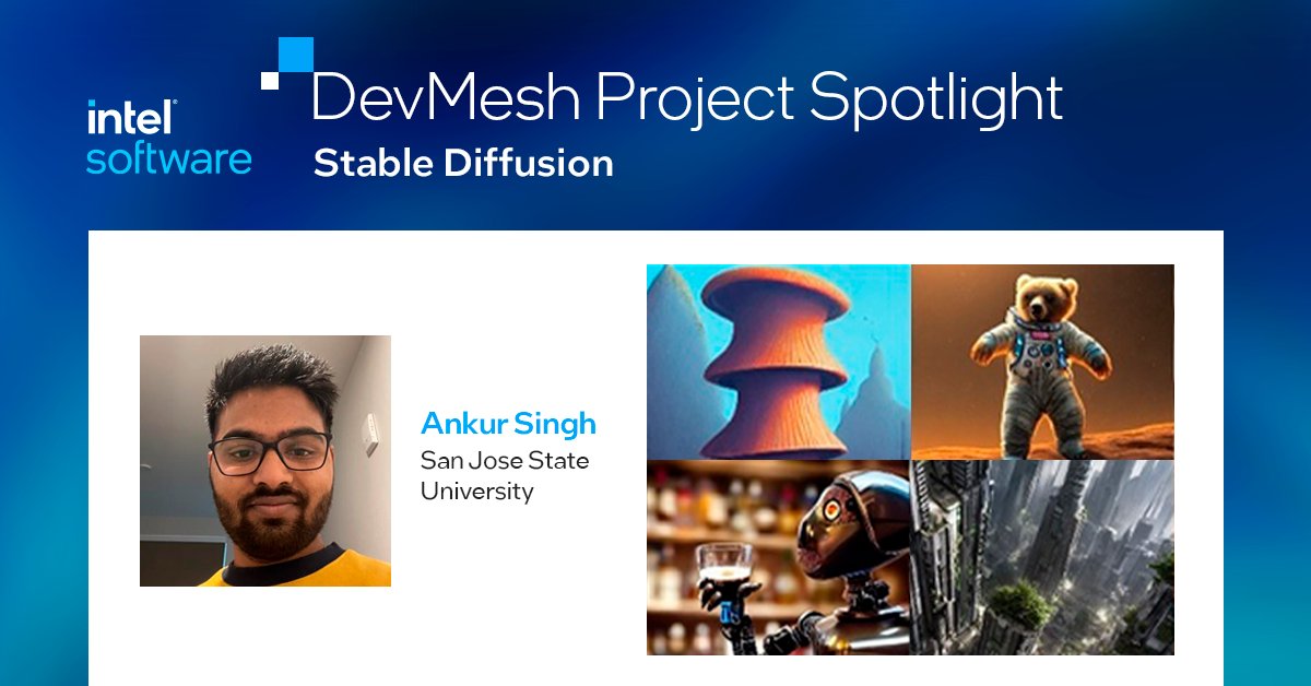 inteldevs's tweet photo. Intel #oneAPI Student Ambassador @I_ankursingh is revolutionizing image generation with Stable Diffusion by speeding up inferencing on Intel hardware to make it more accessible for everyone. Check out his project on #DevMesh and many more. https://t.co/J8MrsjdfdT https://t.co/V8UBDamusp