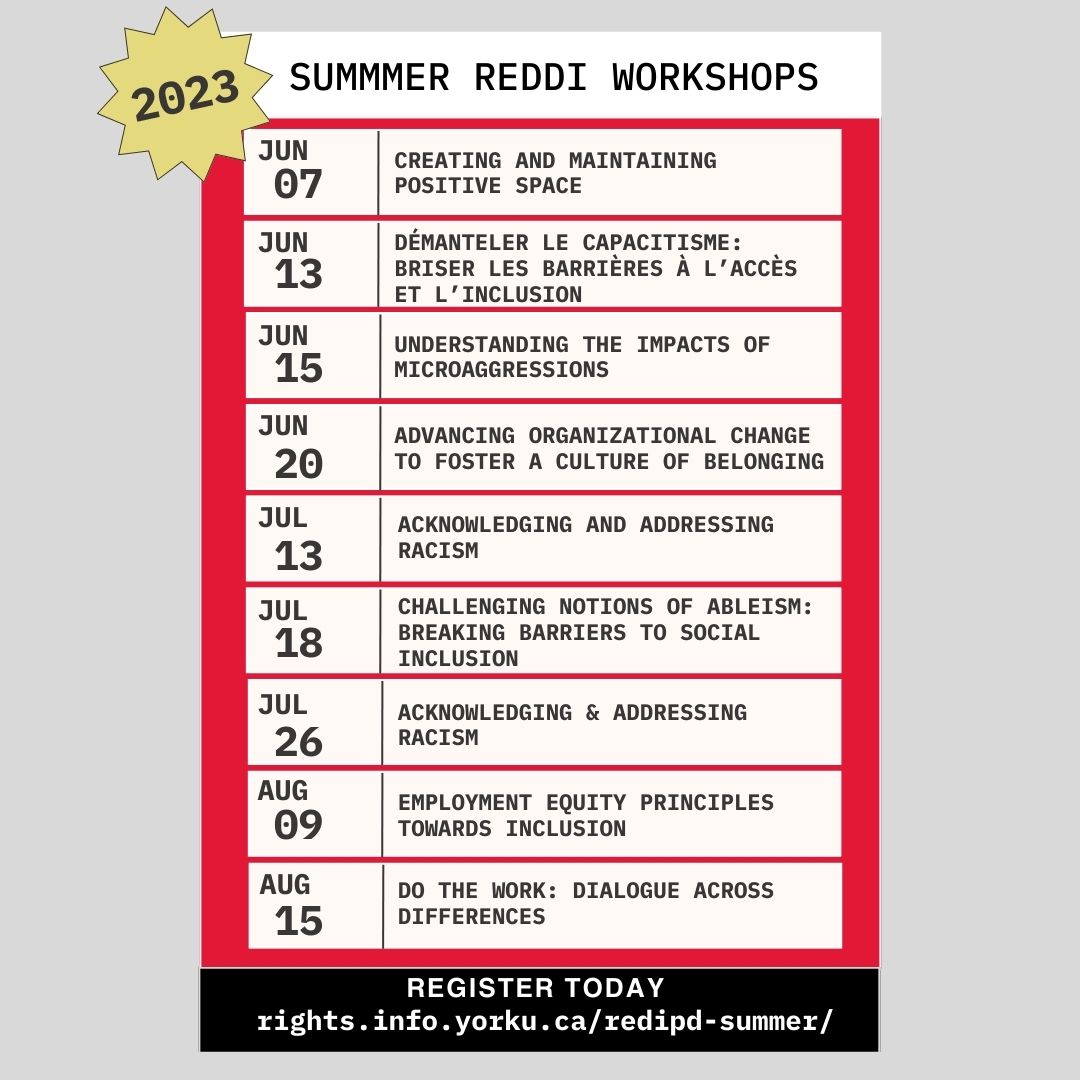 Calling all #YorkUEUC community members! Remember to sign up for the Summer REDDI Series! CHREI is offering a curated list of summer sessions, covering a wide range of topics to ensure #YorkU community members are prepared to address systemic inequities.

bit.ly/3W6ndlI