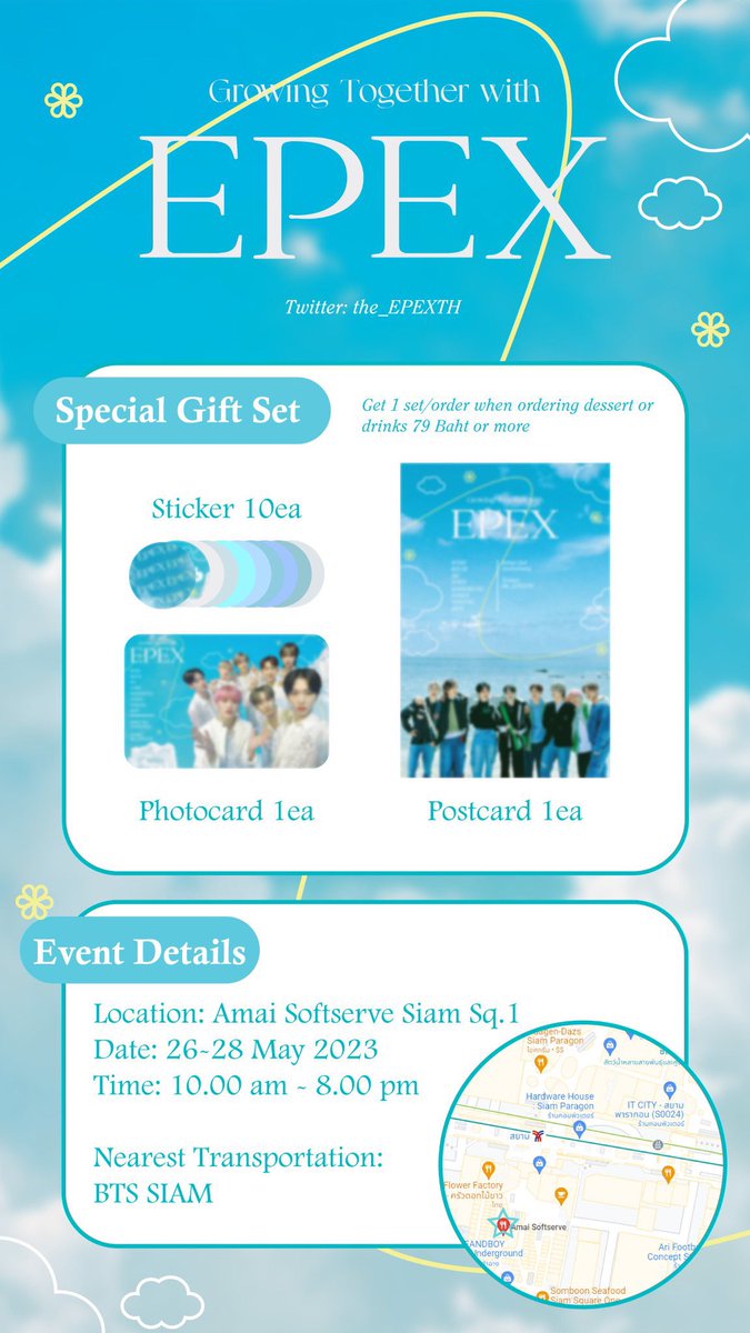 [📣]
พร้อมแล้วกับงาน 'Growing Together with EPEX' ในโอกาสเดบิวต์ครบ 2 ปีของ EPEX 🌦️🦊 
🗓️ 26 - 28 พ.ค.นี้
🕙10.00 - 21.00 น.
📍Amai Soft Serve สยามสแควร์วัน

<<พิเศษเมื่อออเดอร์เมนูในราคา 79.- ขึ้นไป รับ Give Away 1 เซ็ต/ออเดอร์นะคะ☺️>>

#GrowingTogetherwithEPEX
#EPEX #이펙스