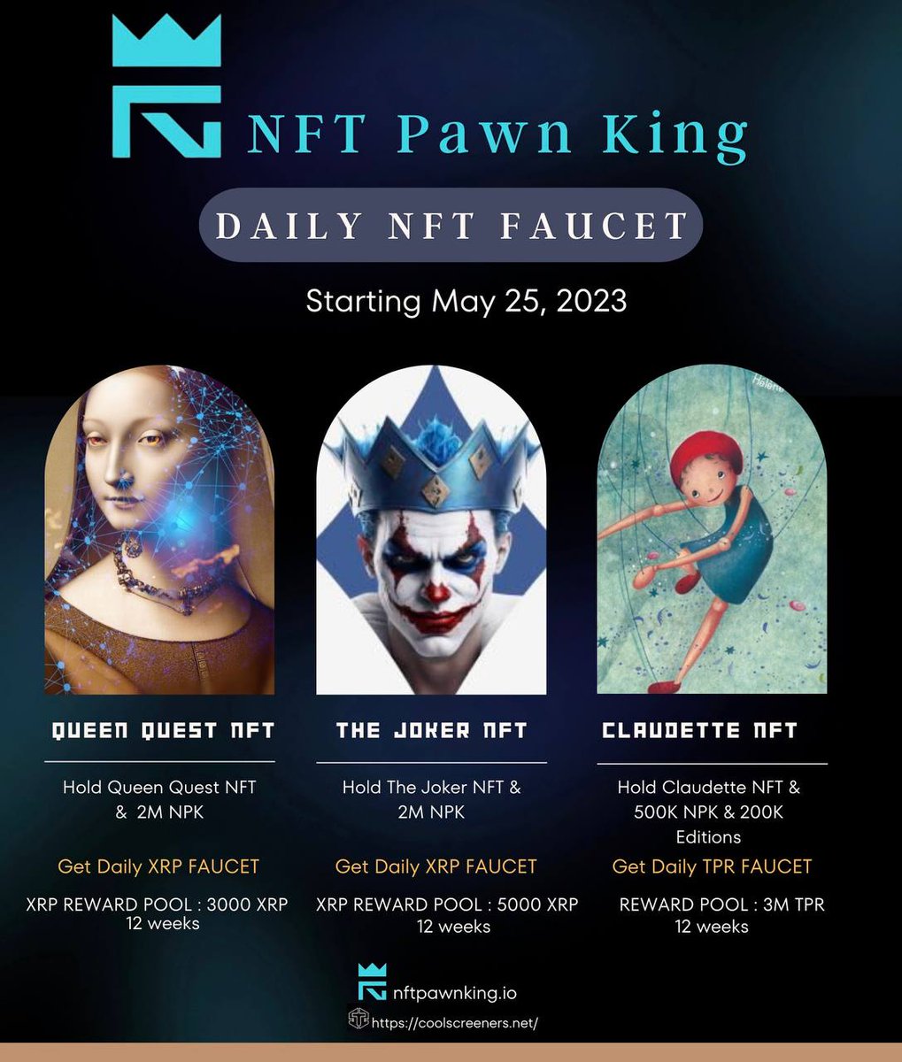 It's Offical @NFTPawnKing NFT Faucet is Live 🔥💯

If you OWN an #NPK #NFT or acquired a 'Claudette' #NFT from the Editions/NPK rewards pool you can now claim 😎

Claim Daily at ⏬️⏬️
coolscreeners.net/Rewardme/fauce…

#NPK #TPR #DailyFaucet