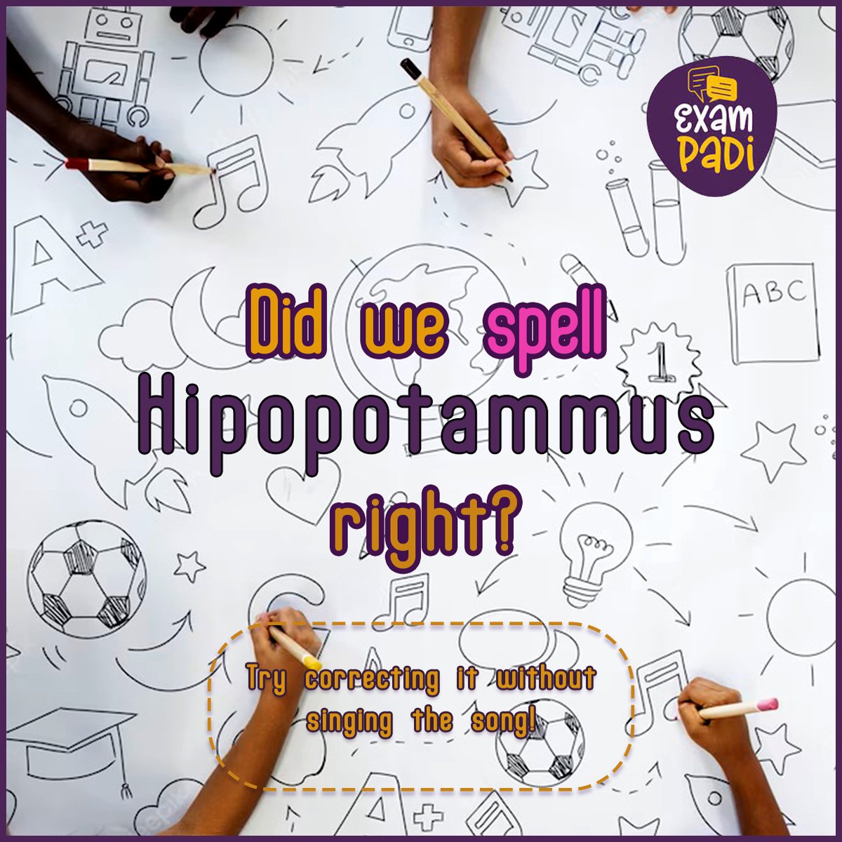 exampadi's tweet photo. Did you sing the song? 👀

We bet you did. What's the correct spelling?

#spellingbee #hippopotamus #ChildrensMonth #exampadi https://t.co/h29TEe2f2G