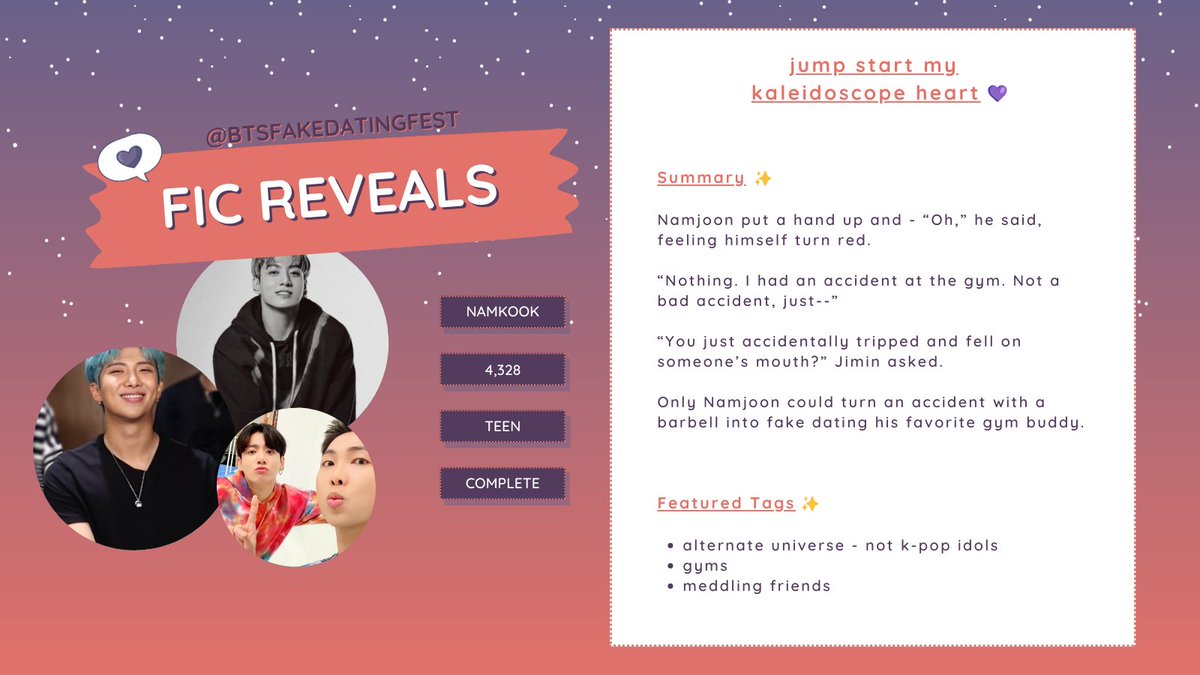btsfakedating's tweet photo. 💌jumpstart my kaleidoscope heart
🔗https://t.co/sSDjSc4bIP
pairing: namkook
rating: teen
words: 4.3k
status: complete https://t.co/xemTyjiCgn