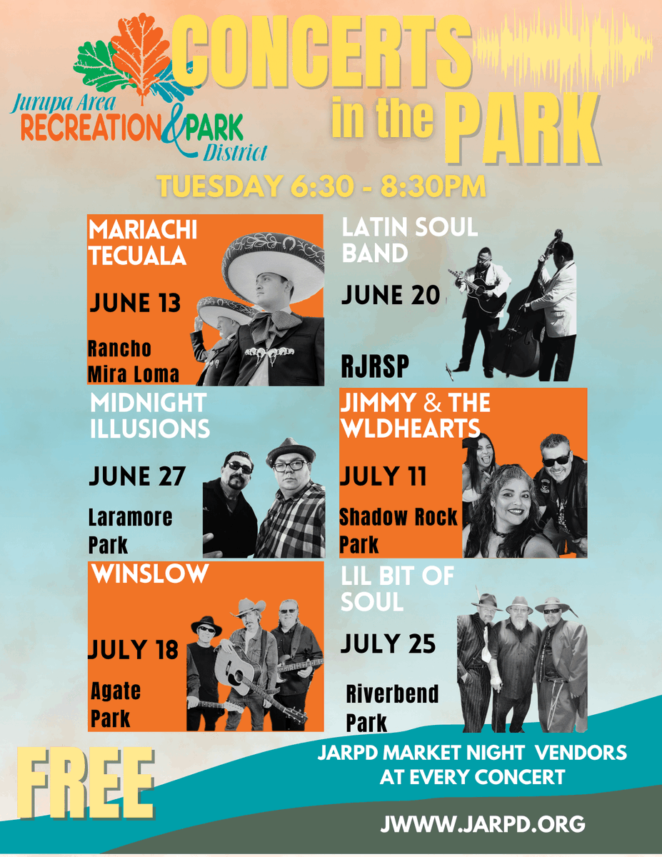 JARPD1984's tweet photo. FREE Concerts in the Park Tuesday Nights in June & July. Market Night vendors and food trucks travel with the concerts.
Conciertos GRATIS en el Parque los martes por la noche en junio y julio. Los vendedores de Noche Mercado viajan con los conciertos. #jarpd4fun https://t.co/WxXXNS4ggL