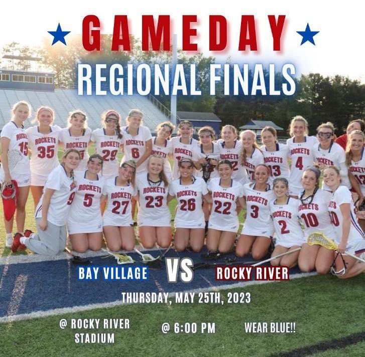 The <a href="/baygirlslax/">Bay Rockets Lacrosse</a> team at Rocky River for the Regional Finals 6:00 today. First 100 Bay students wearing Bay Rockets gear get in free, thanks to <a href="/Bayrockets/">Bay Rockets Association</a> &amp; donors. River is doing the same thing, let’s have the most fans!
<a href="/BaySchoolsOH/">Bay Village Schools</a> <a href="/BayAthletics/">Bay Athletics</a> <a href="/bayhighstudents/">BAY HIGH STUDENT SECTION</a> <a href="/baylacrosse/">Bay Village Lacrosse</a>