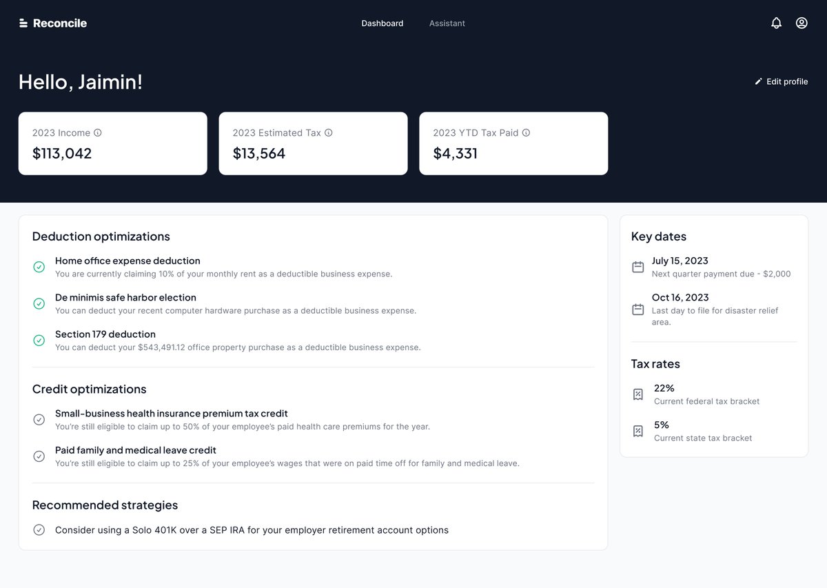 If you're a small business owner or operator of rental properties, test out our hybrid AI-human-based tax app!

It's particularly helpful if you want to know:
A) how much you're earning
B) how much tax you'll pay
C) how you can reduce your tax bill

Ai.getreconcile.com