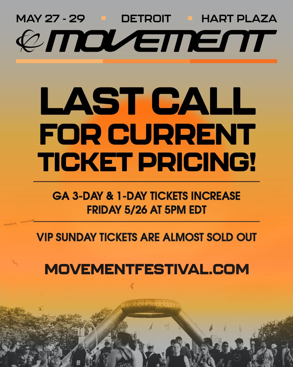 Heads up! 

GA 3-Day &amp; 1-Day tickets will switch to the gates tier tomorrow, Friday 5/26 at 5pm! 

Secure your passes today at the lowest possible price  - movementfestival.com

Reminder: Box Office opens tomorrow at 5pm - 9pm for Sales and Will Call pick-up.