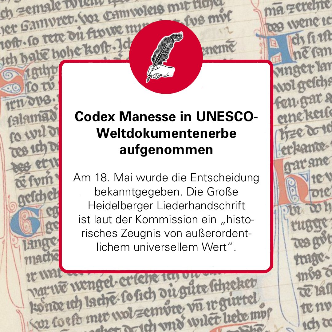 Der #CodexManesse ist nun Teil des #UNESCO-Weltdokumentenerbes! 🎉
Darüber freut sich #TeamBleuler ganz besonders, immerhin ist die Große Heidelberger Liederhandschrift Gegenstand des neuen Projekts am Lehrstuhl. 
➡️ Mehr dazu hier: instagram.com/p/Csq_8Ywt-OU/