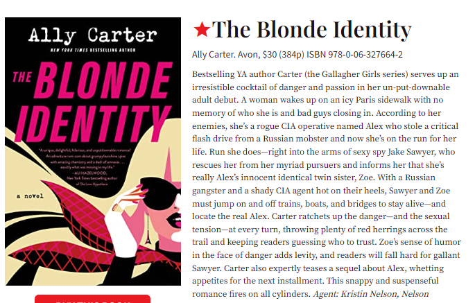 OfficiallyAlly's tweet image. Uh...so this happened:  

“Bestselling YA author Carter (the Gallagher Girls series) serves up an irresistible cocktail of danger and passion in her un-put-downable adult debut. This snappy and suspenseful romance fires on all cylinders.”— @PublishersWkly, starred review
