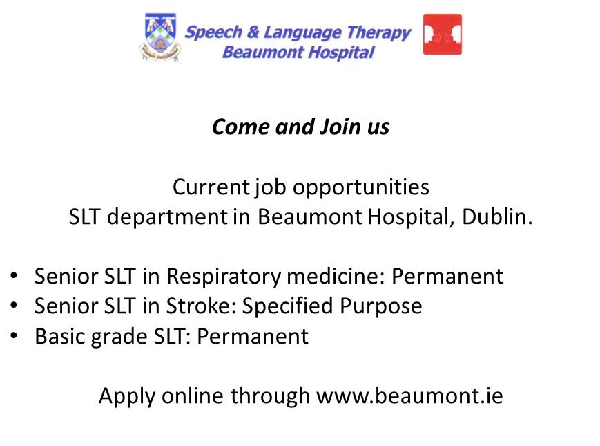 SLT Beaumont (@beaumont_slt) on Twitter photo Very excited to announce we have a new senior role in Respiratory. An opportunity to set up a new service for SLT. Come join our team. <a href="/iaslt/">IASLT</a> @wehscps <a href="/SBrennerz/">Sara Brennan</a> <a href="/RyanPauraic/">Pauraic Ryan</a> <a href="/OrlaJoyce/">Orla Joyce</a> <a href="/SharonHowardSLT/">Sharon Murrray</a> Check out our current vacancies: …liedhealth-beaumonthospital.icims.com/jobs/search?ss… Very excited to announce we have a new senior role in Respiratory. An opportunity to set up a new service for SLT. Come join our team. <a href="/iaslt/">IASLT</a> @wehscps <a href="/SBrennerz/">Sara Brennan</a> <a href="/RyanPauraic/">Pauraic Ryan</a> <a href="/OrlaJoyce/">Orla Joyce</a> <a href="/SharonHowardSLT/">Sharon Murrray</a> Check out our current vacancies: …liedhealth-beaumonthospital.icims.com/jobs/search?ss…