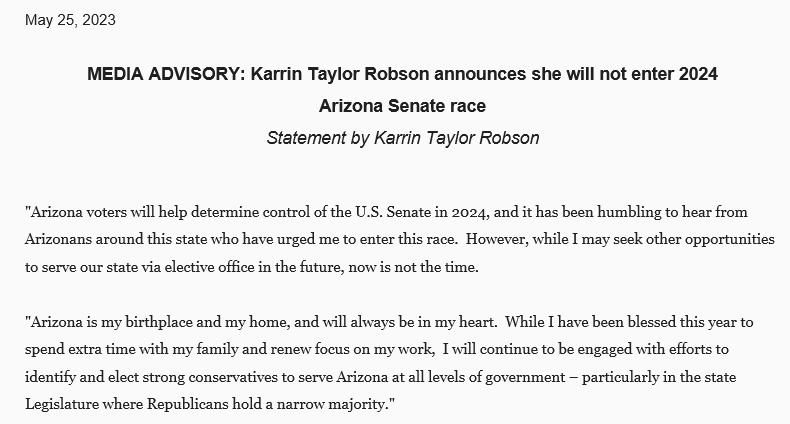 brahmresnik's tweet image. JUST IN Karrin Taylor Robson, unsuccessful candidate for #AZGOV in '22,  announces she won't run for GOP nomination for U.S. Senate from Arizona in 2024. This does not come as a surprise. #AZSEN