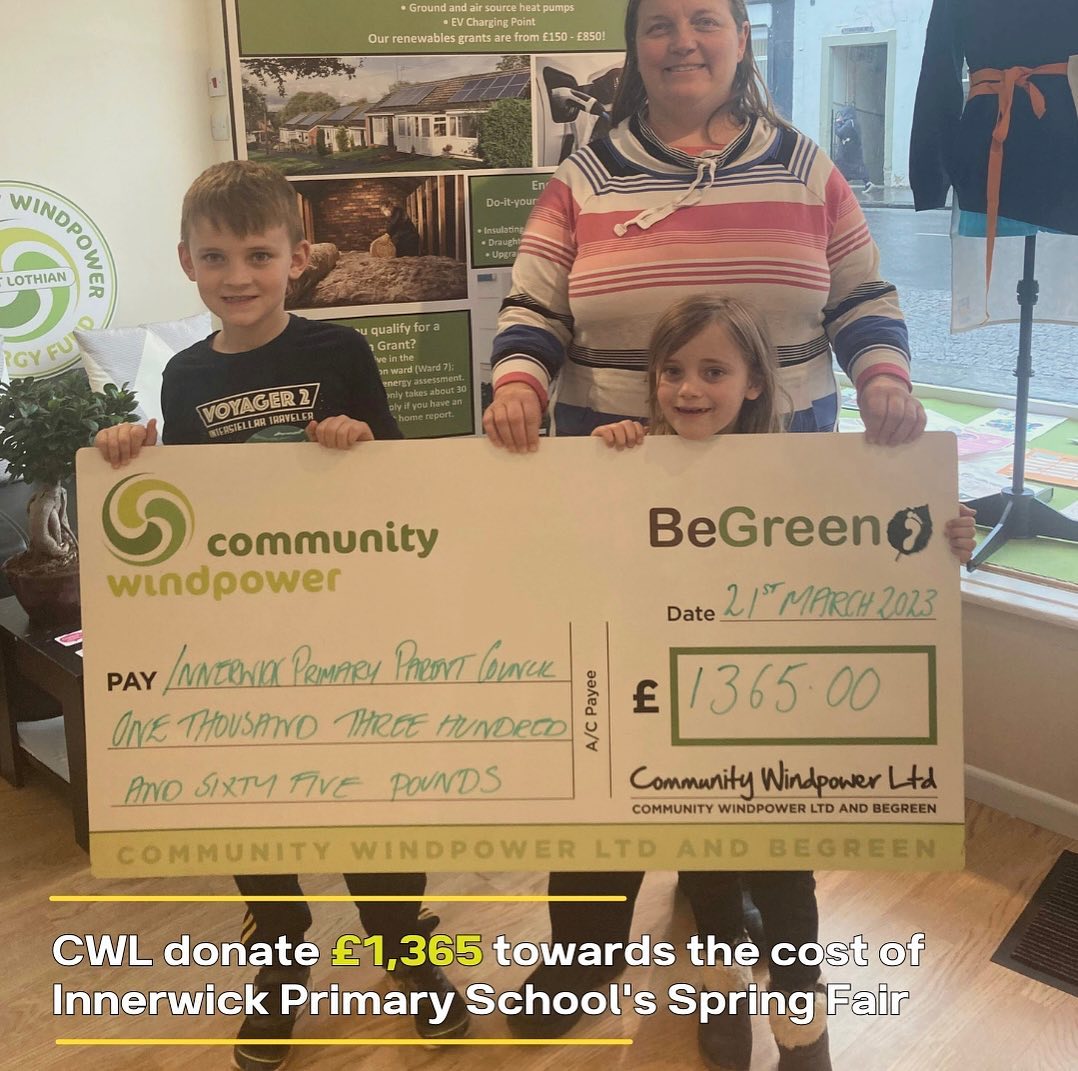 CWL provides £1,325 grant for Innerwick Primary’s yearly Spring Fair! ☀️

Find out more on our website:

begreencentres.co.uk/news/

#communityfunding #greenenergy #communitybenefits #innerwick #springfair #communitygrant #onshorewind #renewableenergy