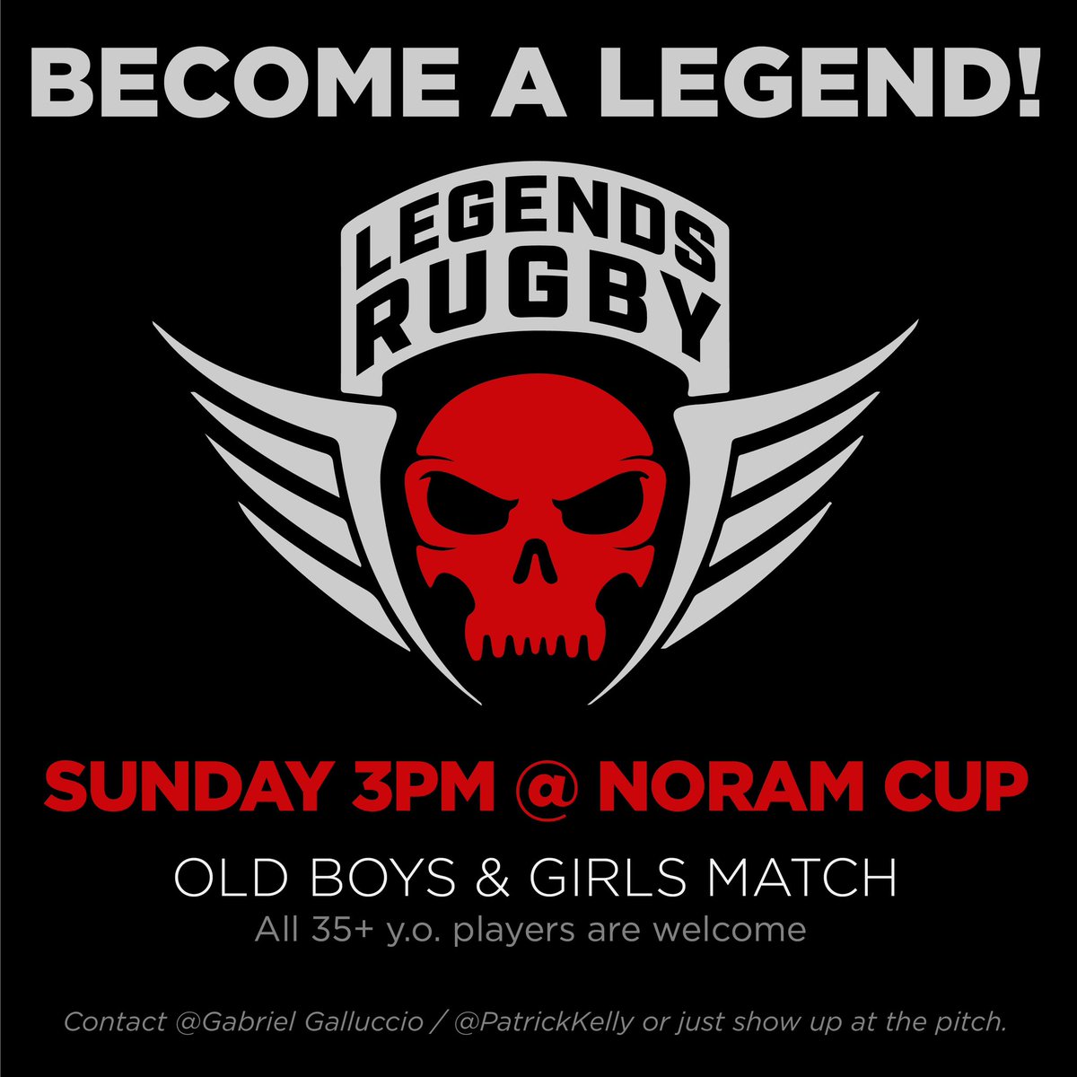 This Sunday at 3pm the IGR Rugby Legends will have a field for a match with all the old boys &amp; girls 35 and older attending NorAm Cup.
Feel free to contact Gabriel Galluccio or Patrick Kelly for info.
Or just come booted and ready to play. The pitch will be announced on Sunday.