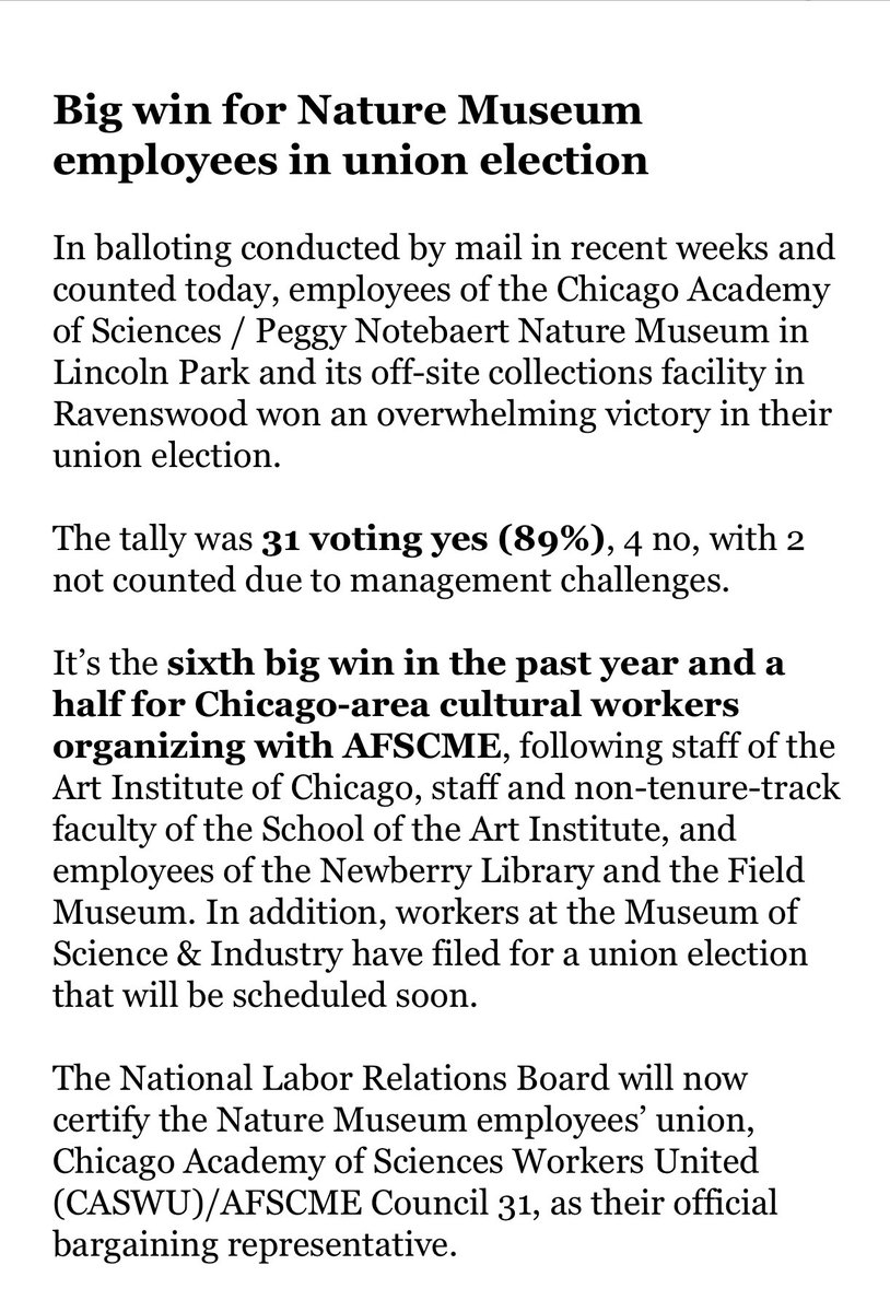 ilcwuafscme's tweet photo. Big #union win for Nature Museum employees! https://t.co/uZIPrNyast