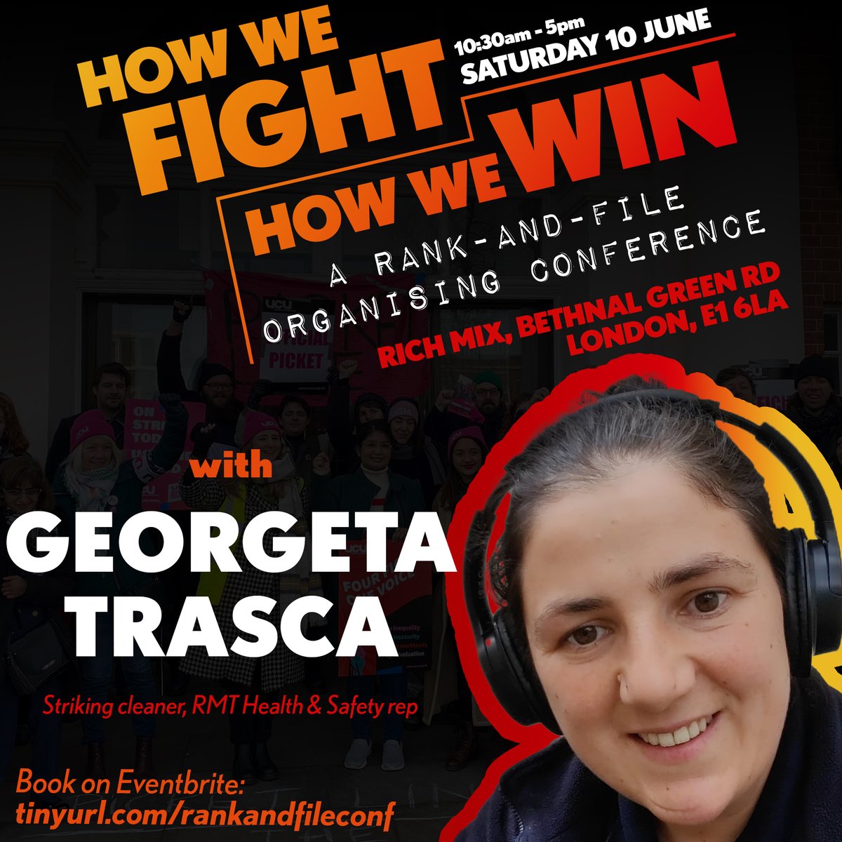 Really good to see Georgeta Trasca, a striking @RMTunion cleaner and Health and Safety rep will be speaking at the 10 June #RankAndFileConf! It's shaping up to be a brilliant day! Book now: eventbrite.com/e/how-we-fight…