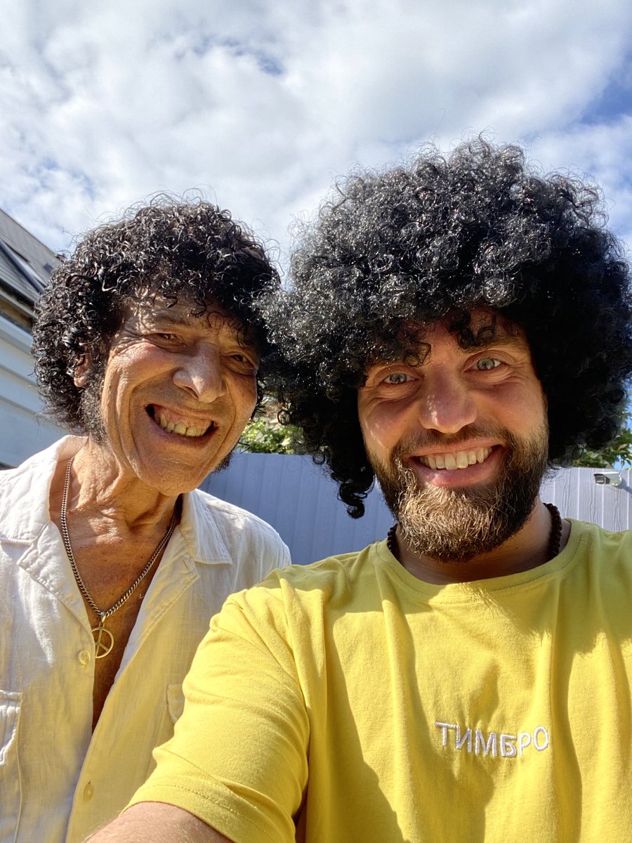 After 5 months travelling photographing &amp; filming in the Far East, son Phillip is back &amp; working on a vid clip of the missing verse version of ‘Alright, Alright, Alright’ &amp; attempting to emulate my younger self hairstyle. No chance I say☮️☮️✌️✌️🎶🎶