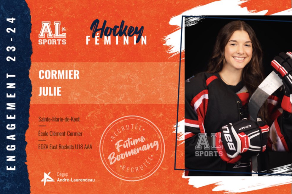 MonctonRockets's tweet photo. The Rockets Organization is proud to announce the recent signing of Julie Cormier to the André-Laurendeau Boomerang Female Hockey program. Julie was a big part of our Blueline for the last 3 years and wish her the best next season and beyond. 🚀🚀Once a Rocket Always a Rocket🚀🚀 https://t.co/b3n6aUPQKu