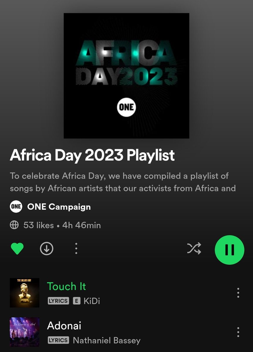Today is #AfricaDay and here's what I'm listening to in celebration? 😊🌍

Check out #ONEPlaylist on Spotify created by #ONEActivists with our favourite African artistes!
👉 Check it out here: spoti.fi/3MwwtLv 

#AfricaDay2023 #ONEAfricaDay