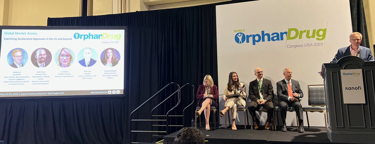 Great discussion w/ our ED @AmandaMalakoff on the use of #AcceleratedApprovals in #raredisease treatment development w/ fellow panelists @ME_Fleury of @ACSCAN, @SuePeschin of @Aging_Research and @PeterPitts of @drugwonks, and moderated by Silas Martin of @JNJNews #WorldOrphanUSA