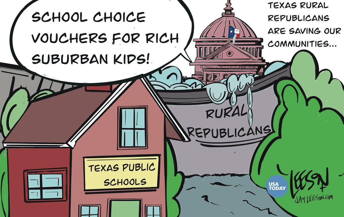 ‘School Choice’ in Texas is subsidizing rich suburban kids, kicking in $8,000 per year on $20,000 tuitions.
It’ll come at the cost of rural schools. This needs to stop, and I appreciate rural Republicans leading the way and holding the dam.
My latest cartoon for <a href="/USATODAY/">USA TODAY</a>