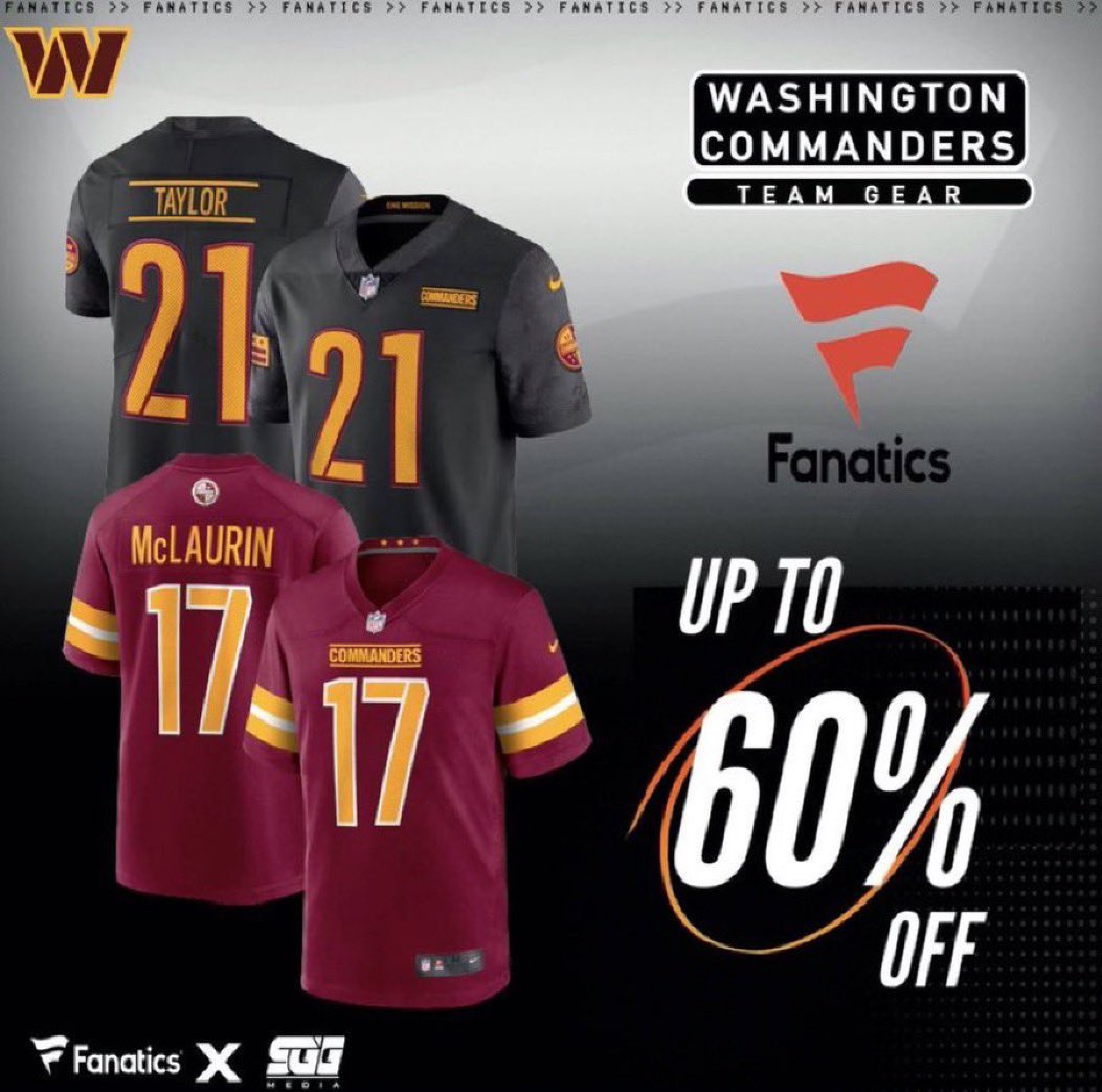SGGpromotions's tweet photo. WASHINGTON OFFSEASON SALE, @Fanatics, DEAL ENDS TONIGHT! 🏆 

COMMANDERS FANS‼️ Get up to 60% OFF on your team’s gear today at Fanatics using THIS PROMO LINK: https://t.co/3EcECKz09F 📈

DEAL ENDS AT MIDNIGHT! 🤝 https://t.co/bZvFqe7Ubn