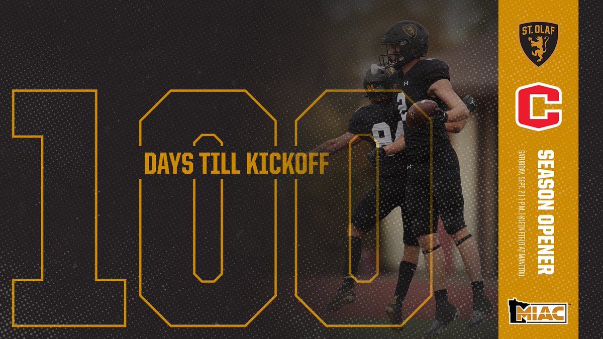 Believe it or not, but it's just 1⃣0⃣0⃣ days until @StOlafFB kicks off its 2023 season at home against Central! #UmYahYah | #OlePride | #d3fb