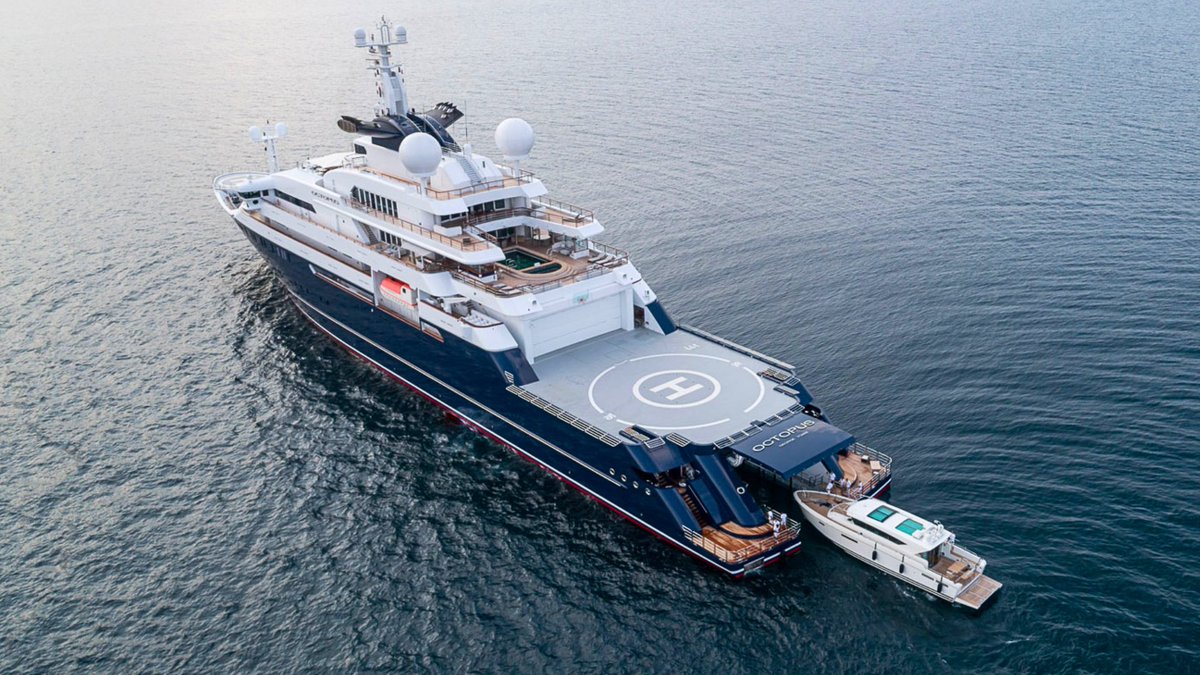 The biggest yacht at this year's Monaco Grand Prix (so far) is Octopus.

• $285 million
• 414-feet
• Sleeps 26 guests &amp; 63 crew
• 2 helipads, basketball court, movie theater &amp; pool

It can cruise 9,000 miles before needing to refuel &amp; its weekly rental rate is $2.4 million.
