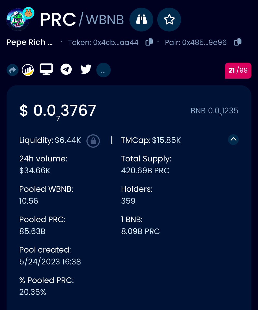 $PRC just launched couple hours ago 

Market cap : $15K 
Trading volume $35K 

Don’t Miss it before $1M market cap 

Dextool : dextools.io/app/en/bnb/pai…

Ca : 0x4cbd99c57d258ce97d98b3601acfff89b98eaa44

#BNB trending on dextool