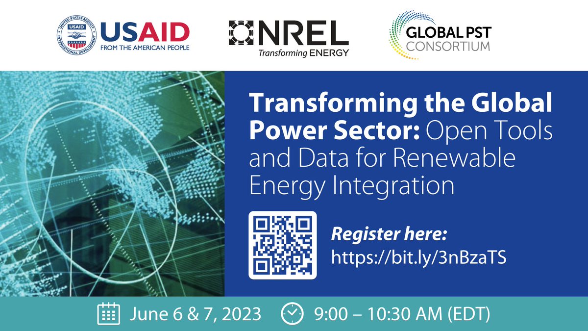 Join <a href="/Global_PST/">Global Power System Transformation Consortium</a>, <a href="/USAID/">USAID</a>, and <a href="/NREL/">NREL</a> for a *two-part* webinar introducing open-source data platforms and tools that support planning for grid integration of variable renewable energy.
📅 June 6 and 7, 2023 at 9 am EDT
➡️ Register today at: bit.ly/3nBzaTS