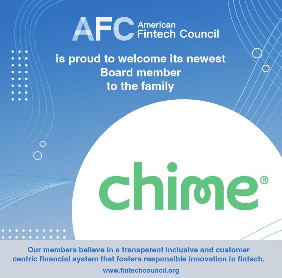 Welcome @Chime to our board of directors! They will be a critical and and important voice to our growing association! #ResponsibleInnovation #Fintech