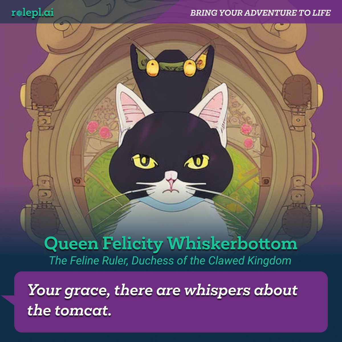 rolepl_ai's tweet photo. Calling all my dear subjects, how might you advise your Queen in these 'pawsibly' turbulent times? Let's discuss strategies for peace or war. It's all just a game of thrones in this whiskered world. Let's roleplay! #TTRPG #DND #D6 #homebrew #dungeonmaster #RPG #roleplai https://t.co/UCoKmZo2G9