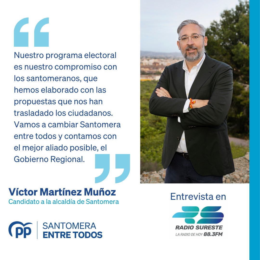 Victor_MarMu's tweet image. Vamos a convertir #Santomera en una ciudad de oportunidades

👉🏻 Escucha mi entrevista en @CopeSureste donde explico nuestro programa electoral, elaborado con las propuestas que nos han trasladado los santomeranos #PuedesConfiar 

🔊 m.soundcloud.com/rsureste-cope/…