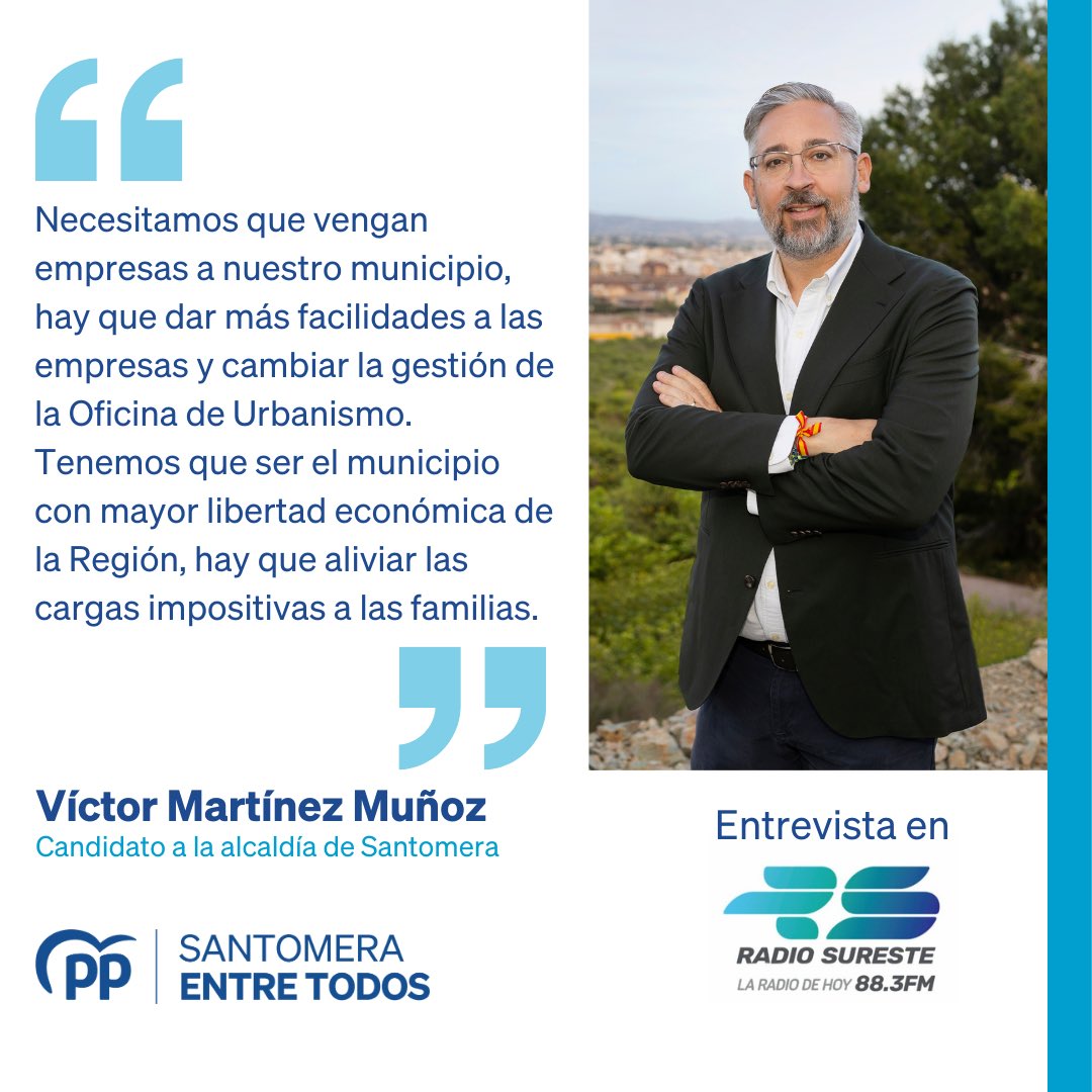 Victor_MarMu's tweet image. Vamos a convertir #Santomera en una ciudad de oportunidades

👉🏻 Escucha mi entrevista en @CopeSureste donde explico nuestro programa electoral, elaborado con las propuestas que nos han trasladado los santomeranos #PuedesConfiar 

🔊 m.soundcloud.com/rsureste-cope/…