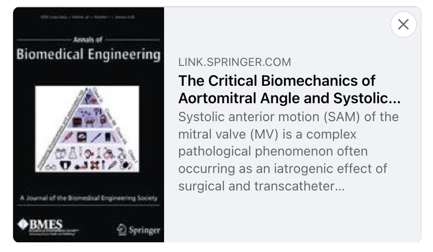 Publication in the Annals of Biomedical Engineering on the critical biomechanics of aortomitral angle and systolic anterior motion: engineering native ex vivo simulation. @StanfordCTSurg  @MMarinCuartas @YuanjiaZhu @DanielleMullis0 Read more: ow.ly/LsOk50NPkhv