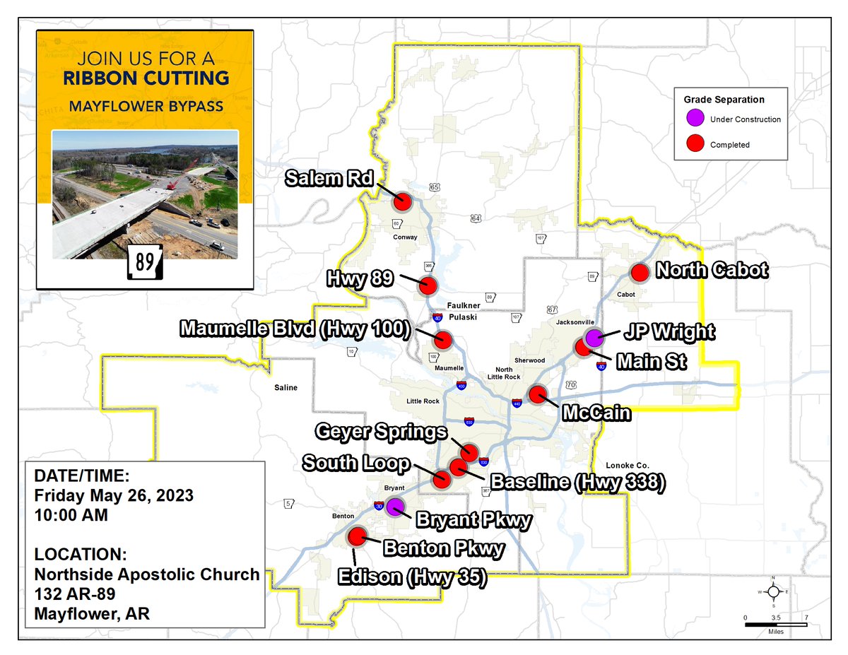 Metroplan has partnered with ARDOT on the construction of 12 strategic rr overpasses identified in METRO 2020.  We are pleased to join ARDOT, the City of Mayflower, and Faulkner County for the ribbon cutting on the 10th of these new overpasses. The final 2 are under construction.