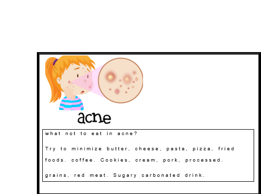 dfwhomeopath's tweet photo. What not to eat in Acne:
Disclaimer: The information on this is not intended or implied to be a substitute for professional medical advice
#acne #eruptions #pimples #boils #dermatology #wellness https://t.co/7bboiuZ75y