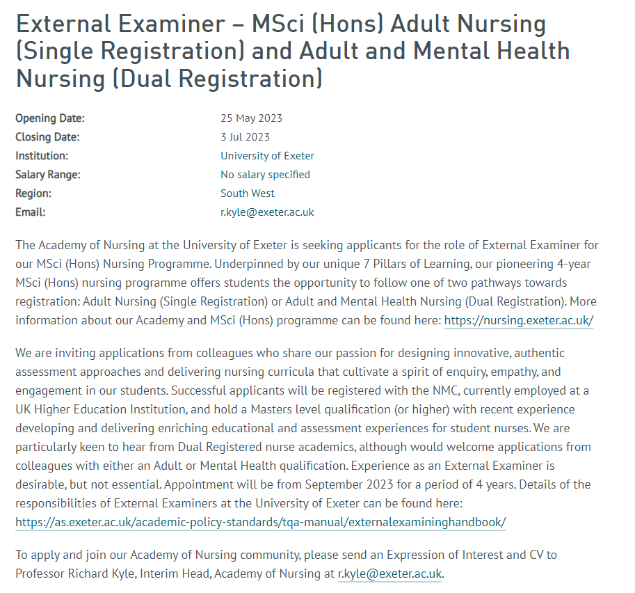 richardgkyle's tweet photo. ⭐️ Are you the next External Examiner for our pioneering @ExeterNurse MSci Nursing Programme?

💚 We're looking for someone who shares our passion for innovative, inspiring education and assessment.

🗣️ If that's you, please do get in touch to chat about the role and our Academy. https://t.co/GpYENkdk9S